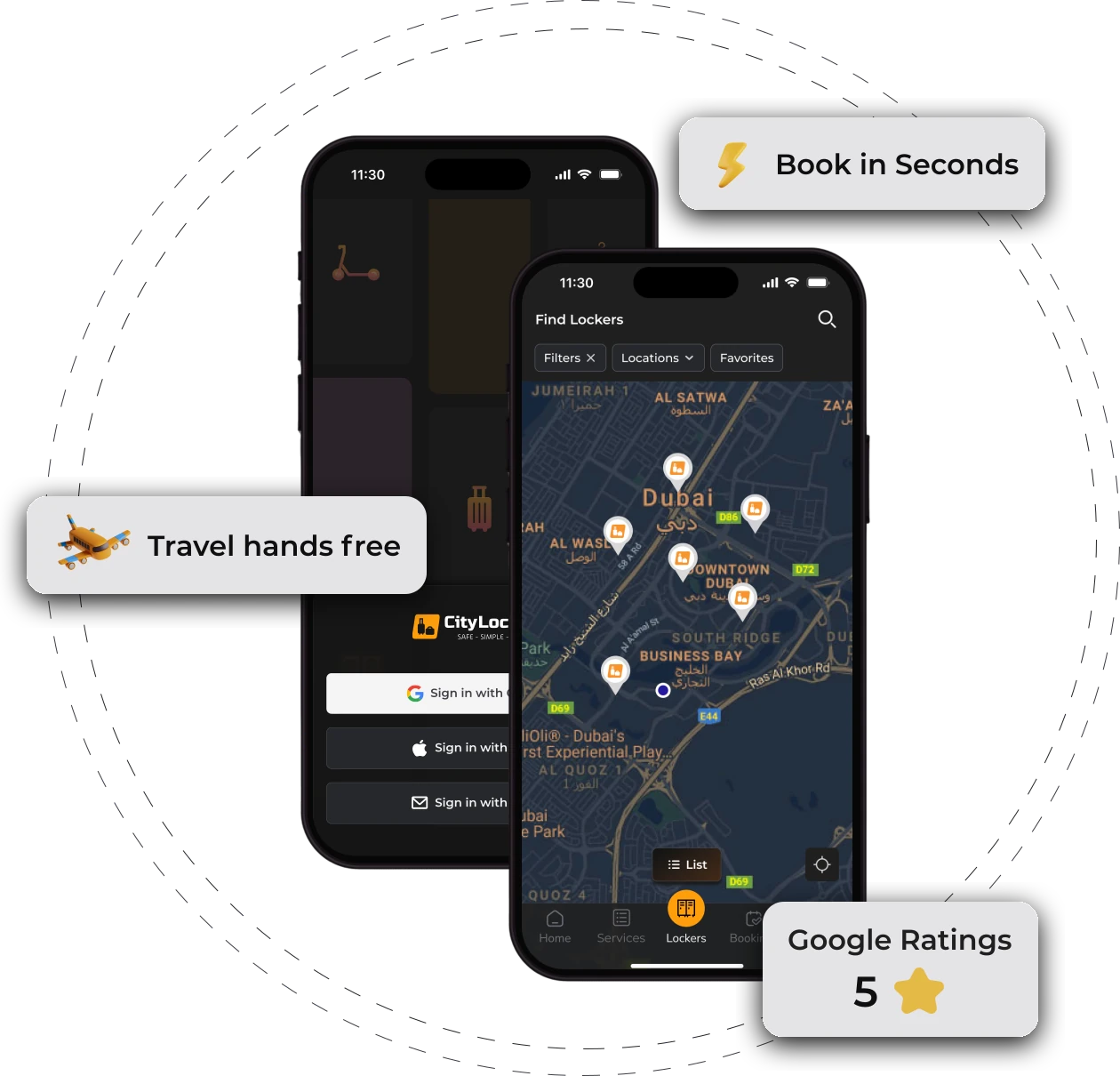 CityLockers mobile app showing locker search, availability, and booking screens