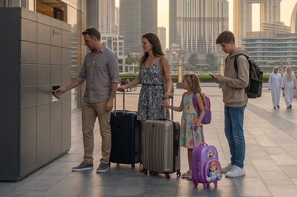 A family with suitcases opening a CityLockers locker on a Dubai plaza
