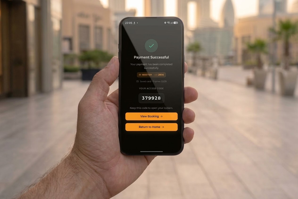 A phone showing a completed CityLockers payment and the six-digit access code