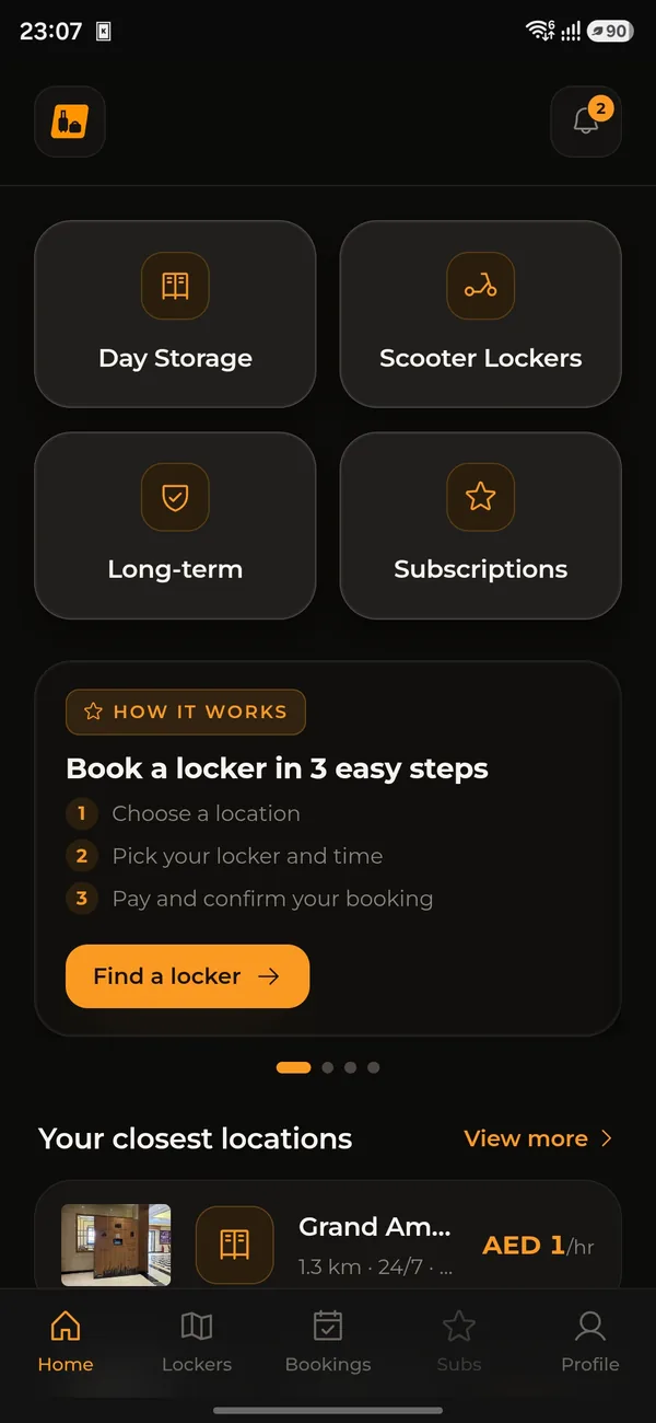 The CityLockers web app open on a phone, showing locker types and nearby locations